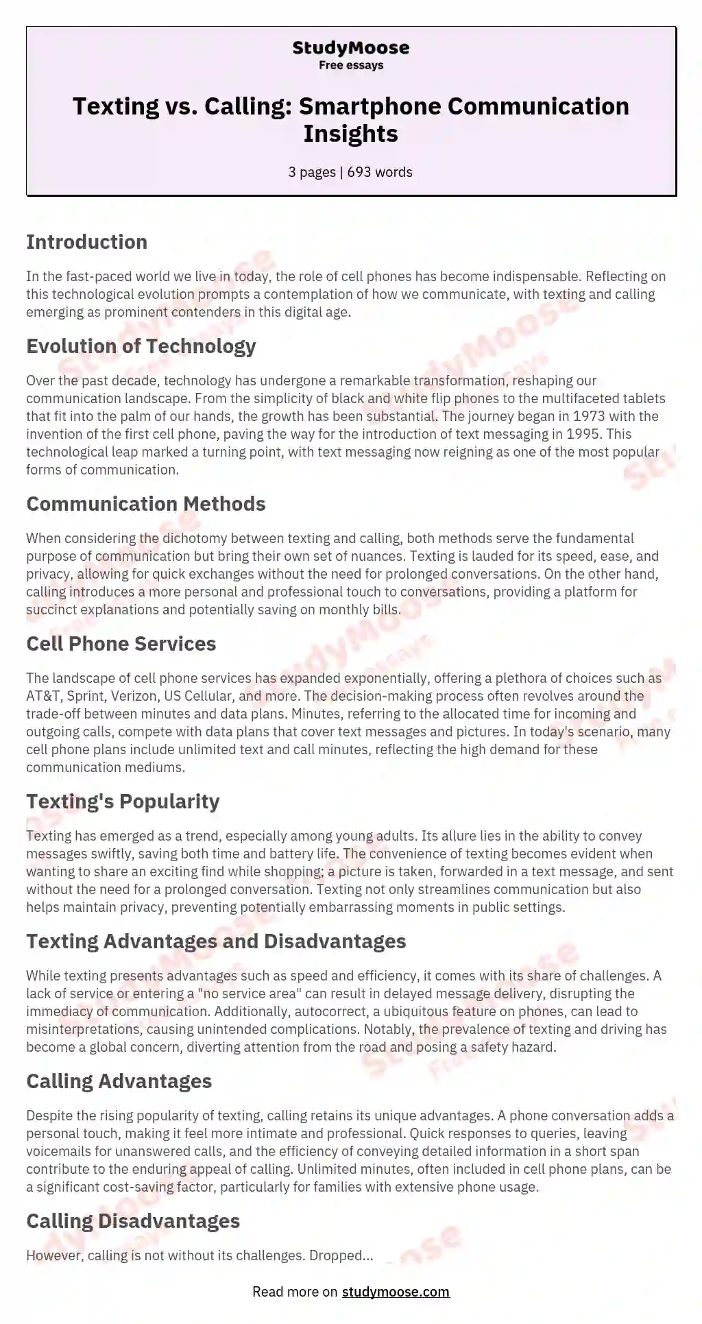 Texting vs. Calling: Smartphone Communication Insights essay