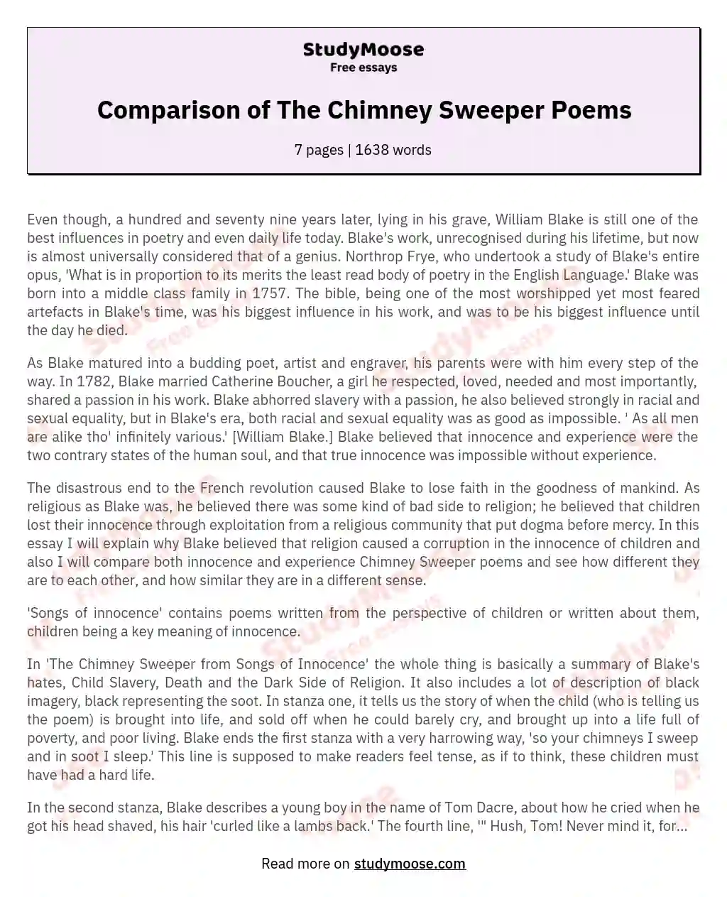 Comparison of The Chimney Sweeper Poems essay