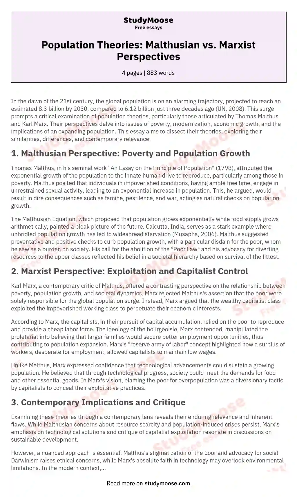 Population Theories: Malthusian vs. Marxist Perspectives essay