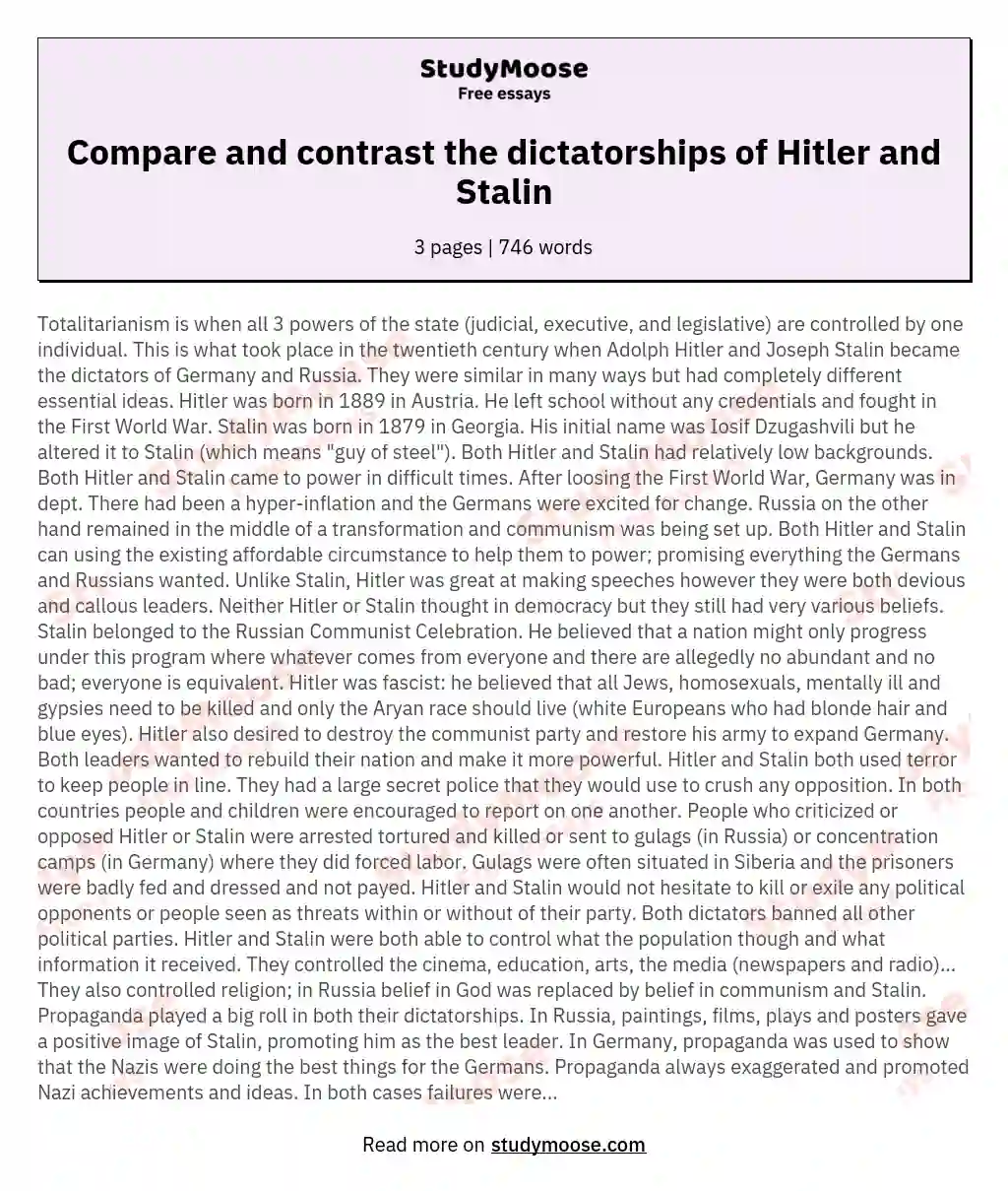 Compare and contrast the dictatorships of Hitler and Stalin