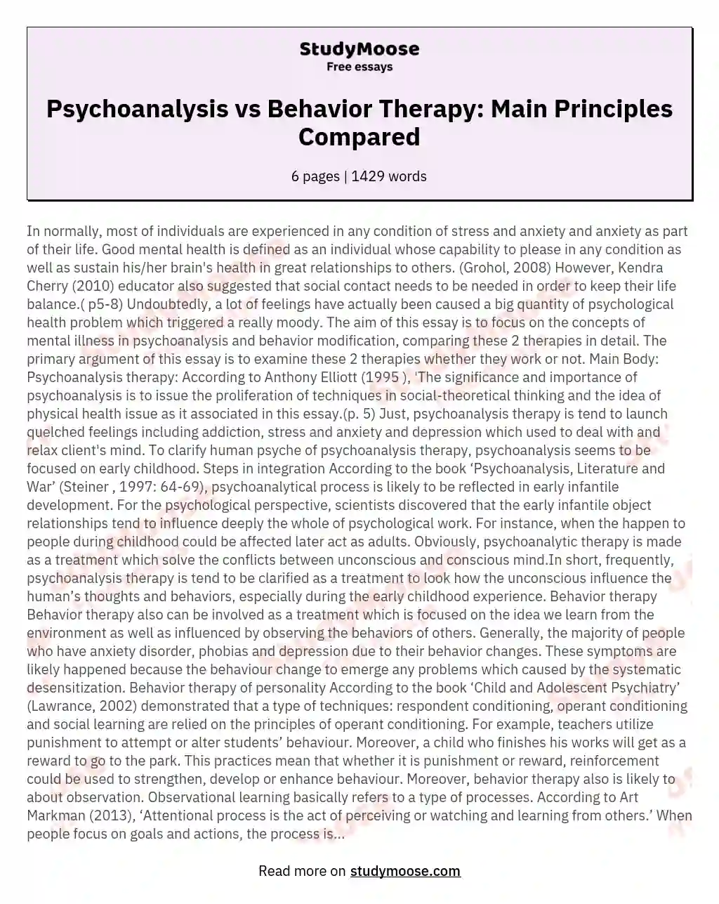 Psychoanalysis vs Behavior Therapy: Main Principles Compared Free Essay ...