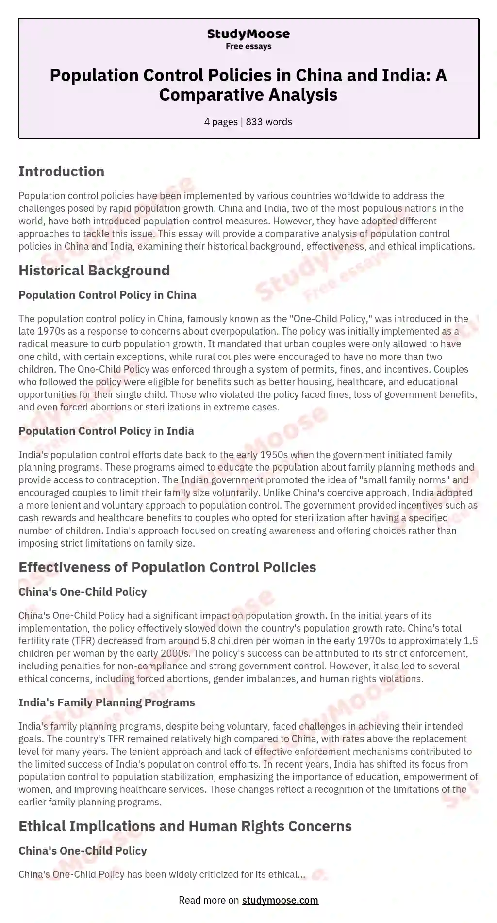 Population Control Policies in China and India: A Comparative Analysis essay