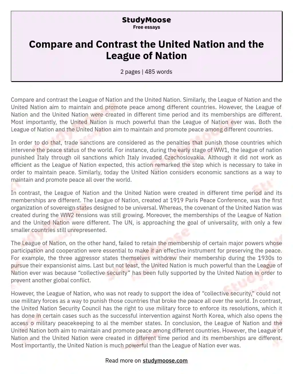 Compare and Contrast the United Nation and the League of Nation essay