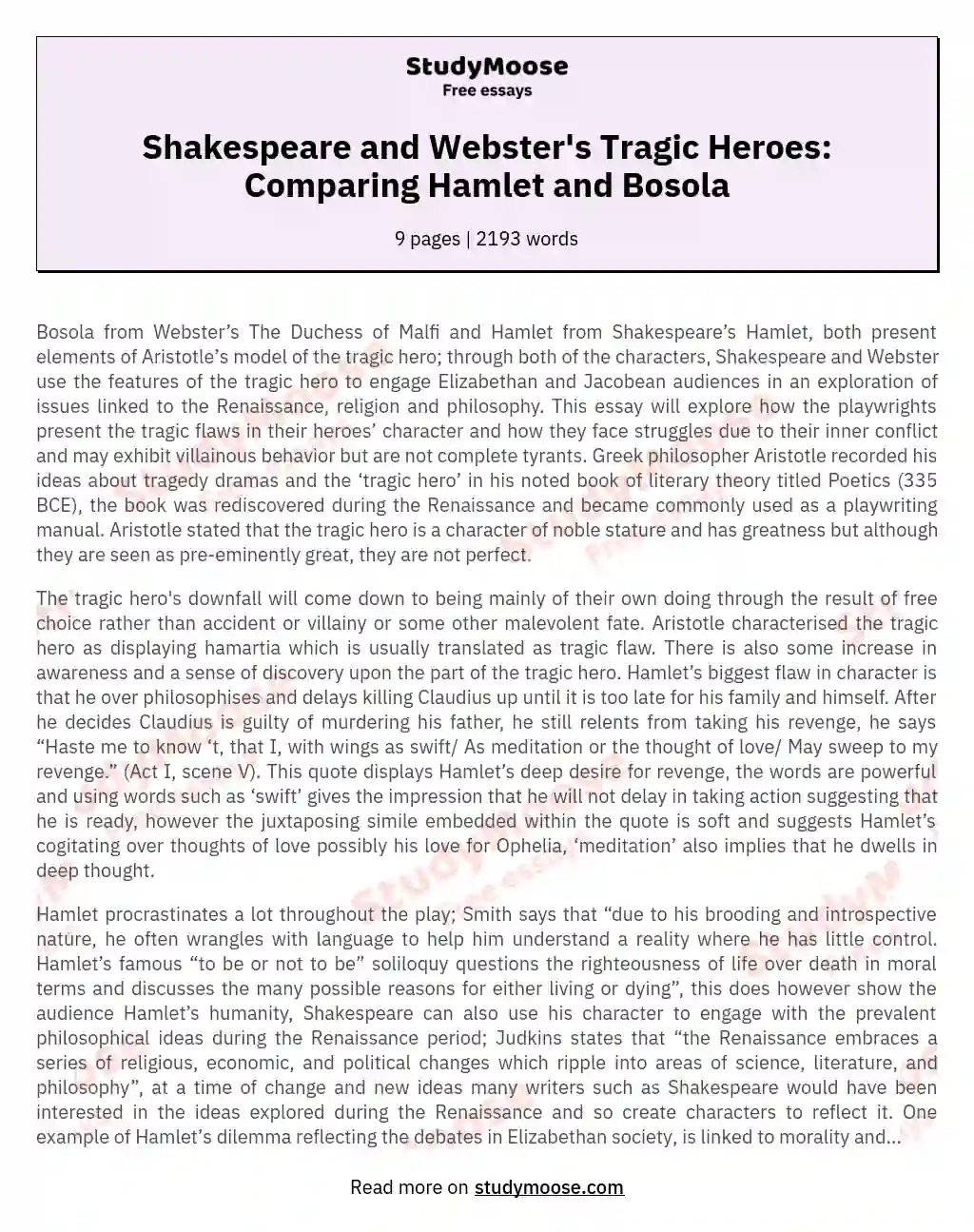 Compare and Contrast the Ways in Which Shakespeare and Webster Present Hamlet and Bosola as Tragic Heroes.