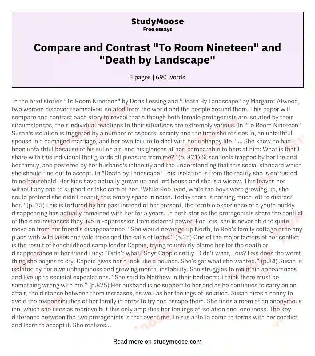Compare and Contrast "To Room Nineteen" and "Death by Landscape"