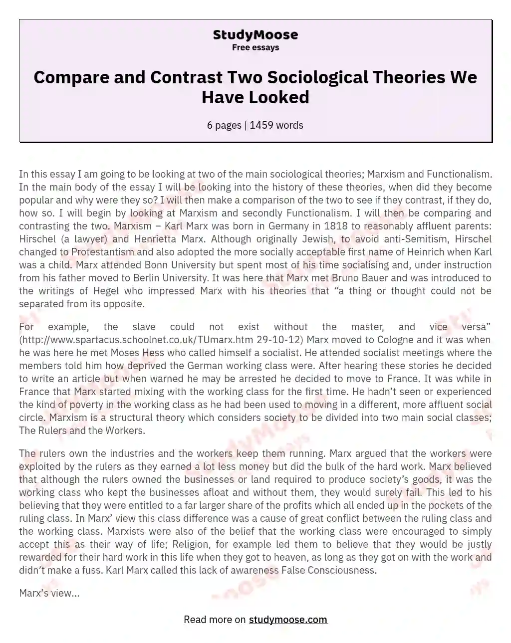 Compare and Contrast Two Sociological Theories We Have Looked