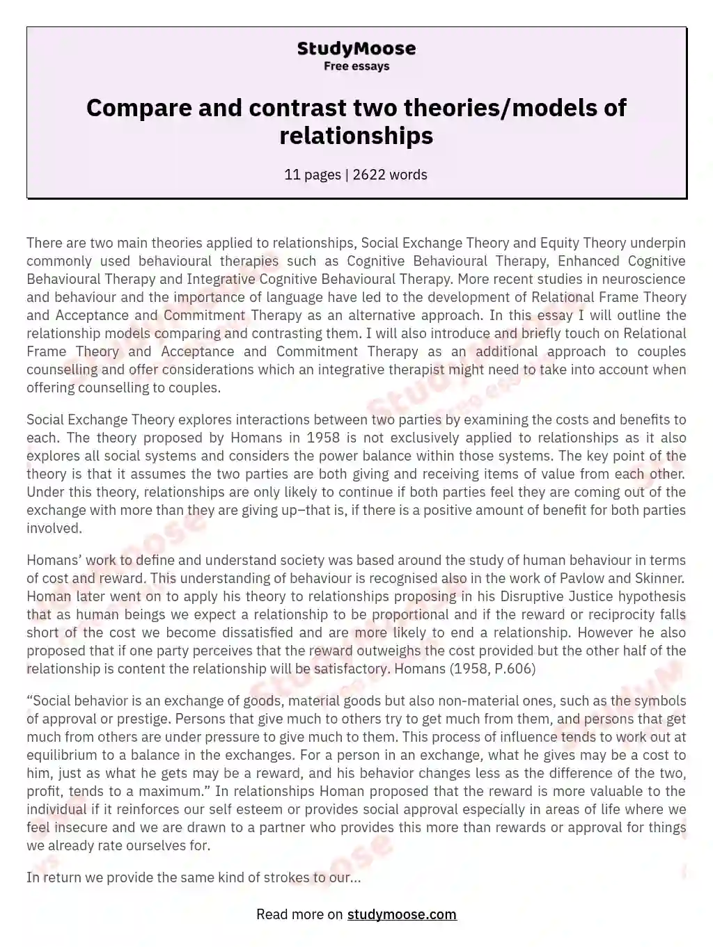 Compare and contrast two theories/models of relationships