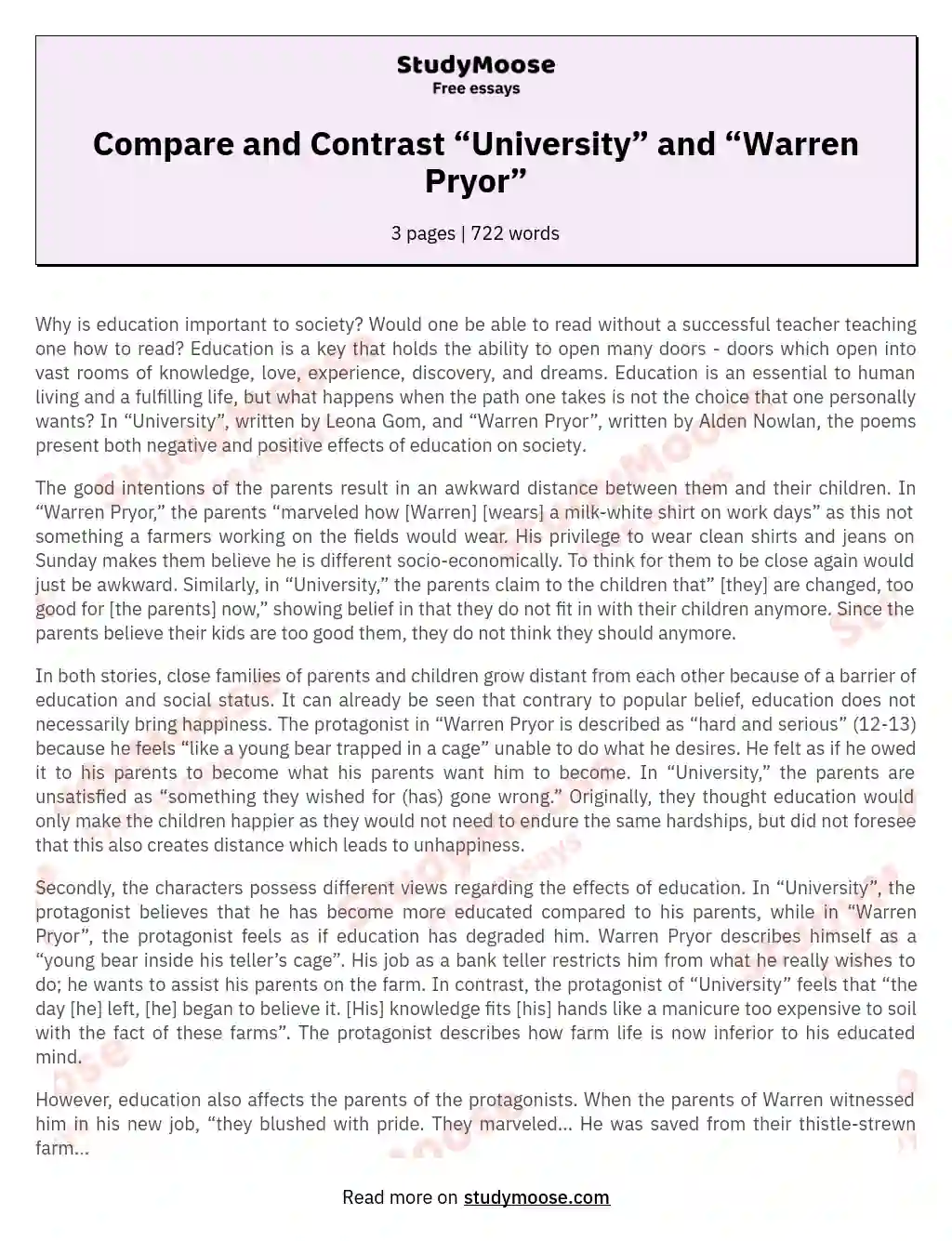 Compare and Contrast “University” and “Warren Pryor” essay