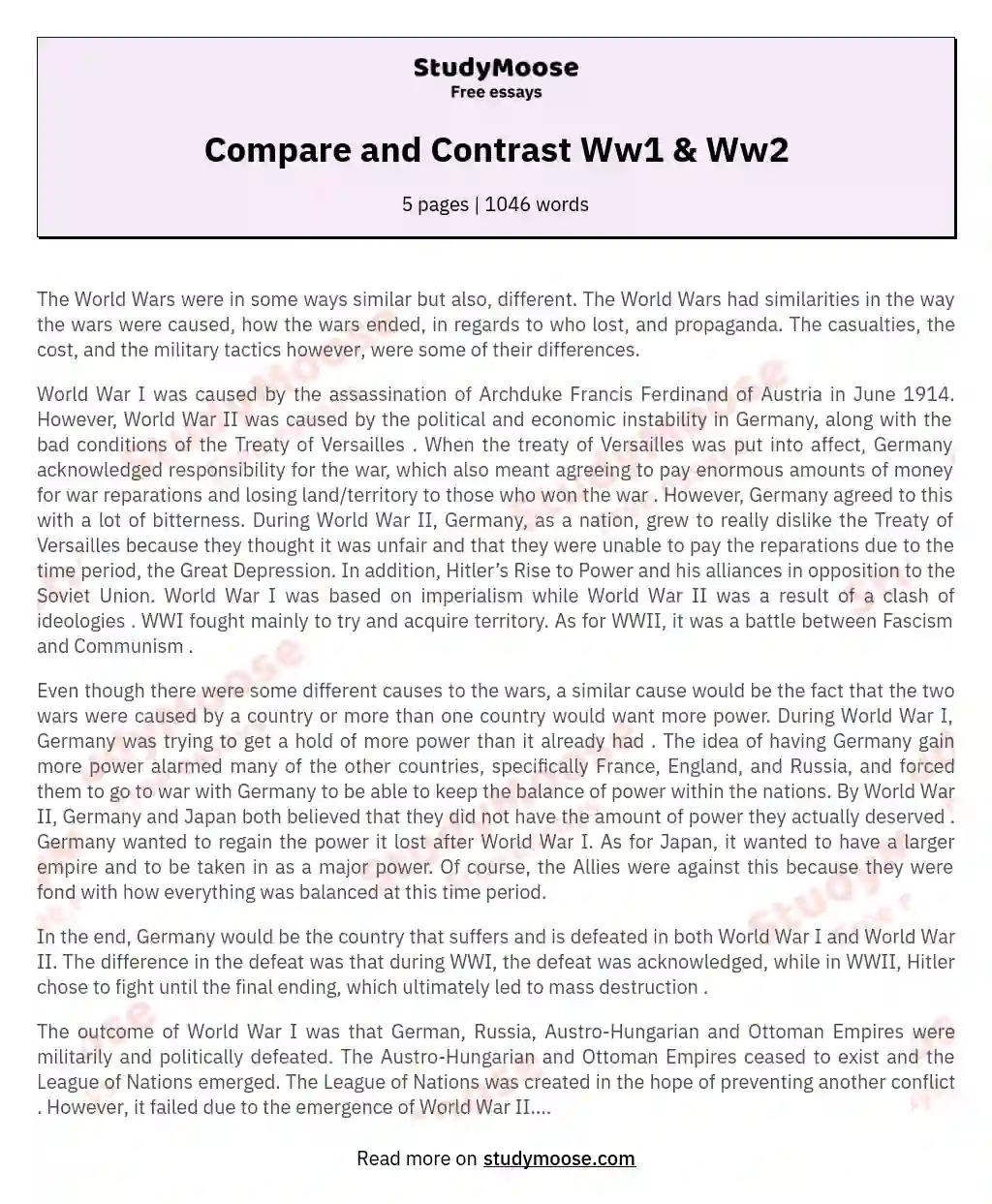 Compare and Contrast Ww1 & Ww2 essay