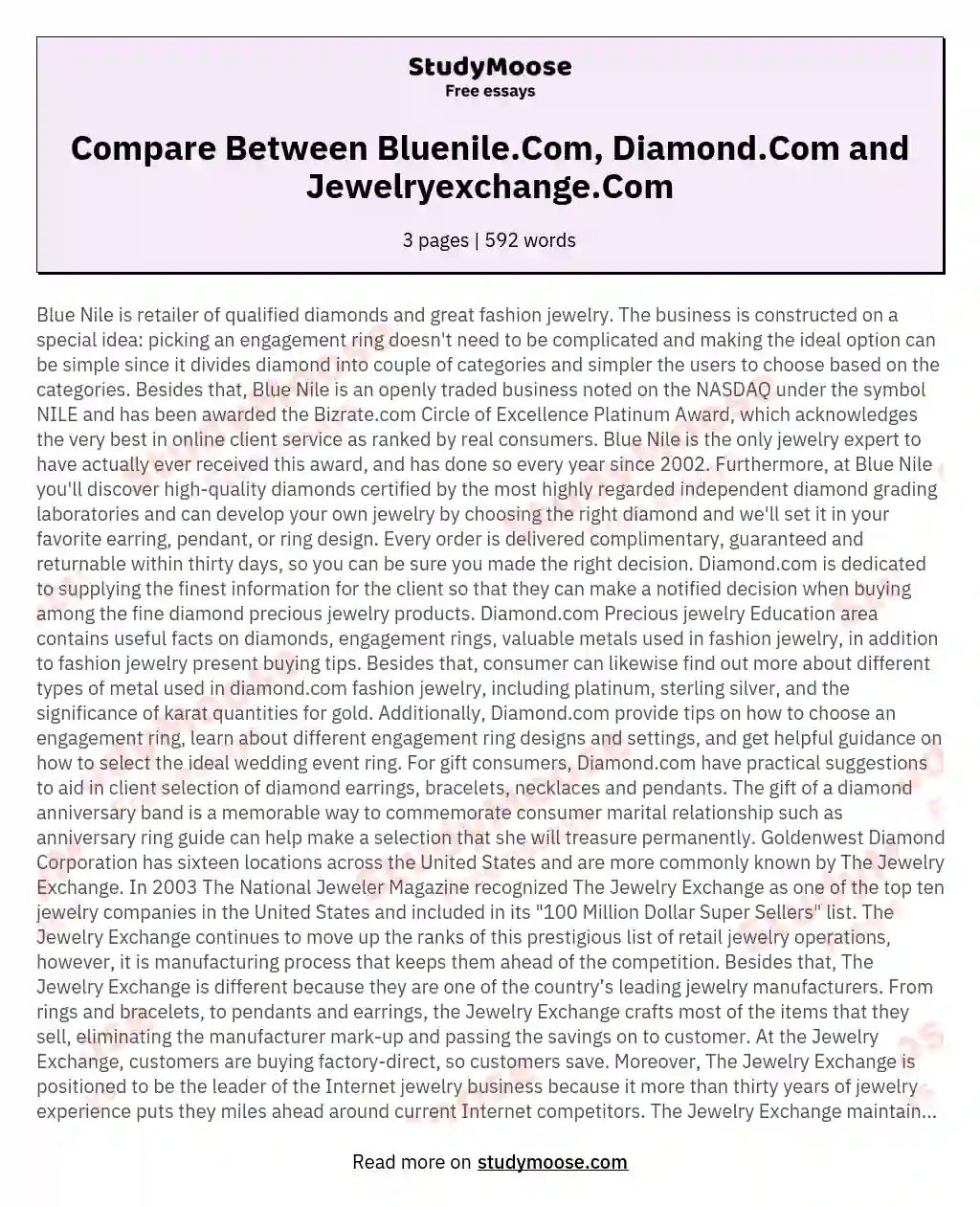 Compare Between Bluenile.Com, Diamond.Com and Jewelryexchange.Com essay