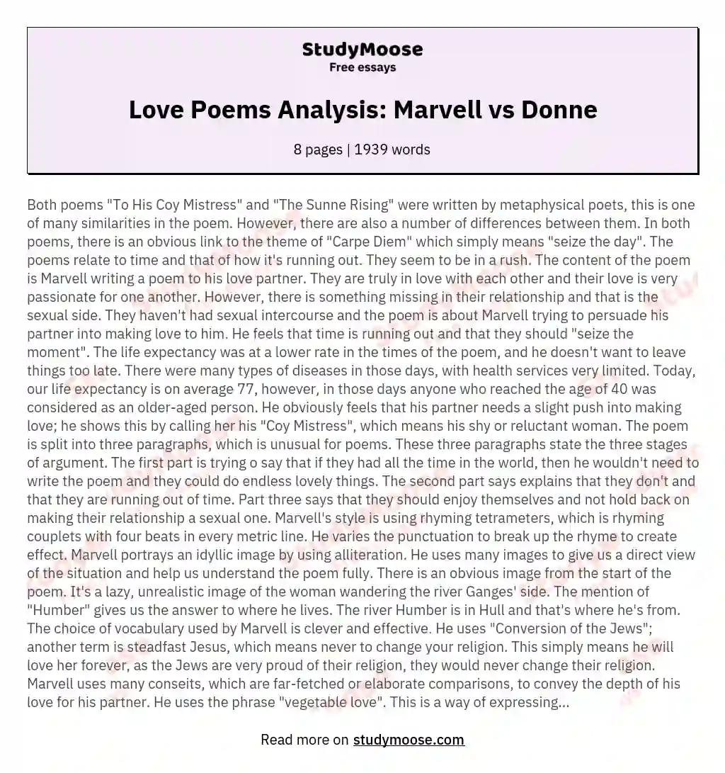Compare and contrast Andrew Marvell's "To His Coy Mistress" with John Donne's "The Sunne Rising"
