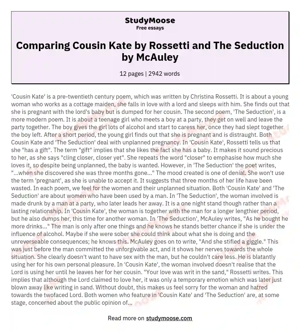Comparing Cousin Kate by Rossetti and The Seduction by McAuley essay