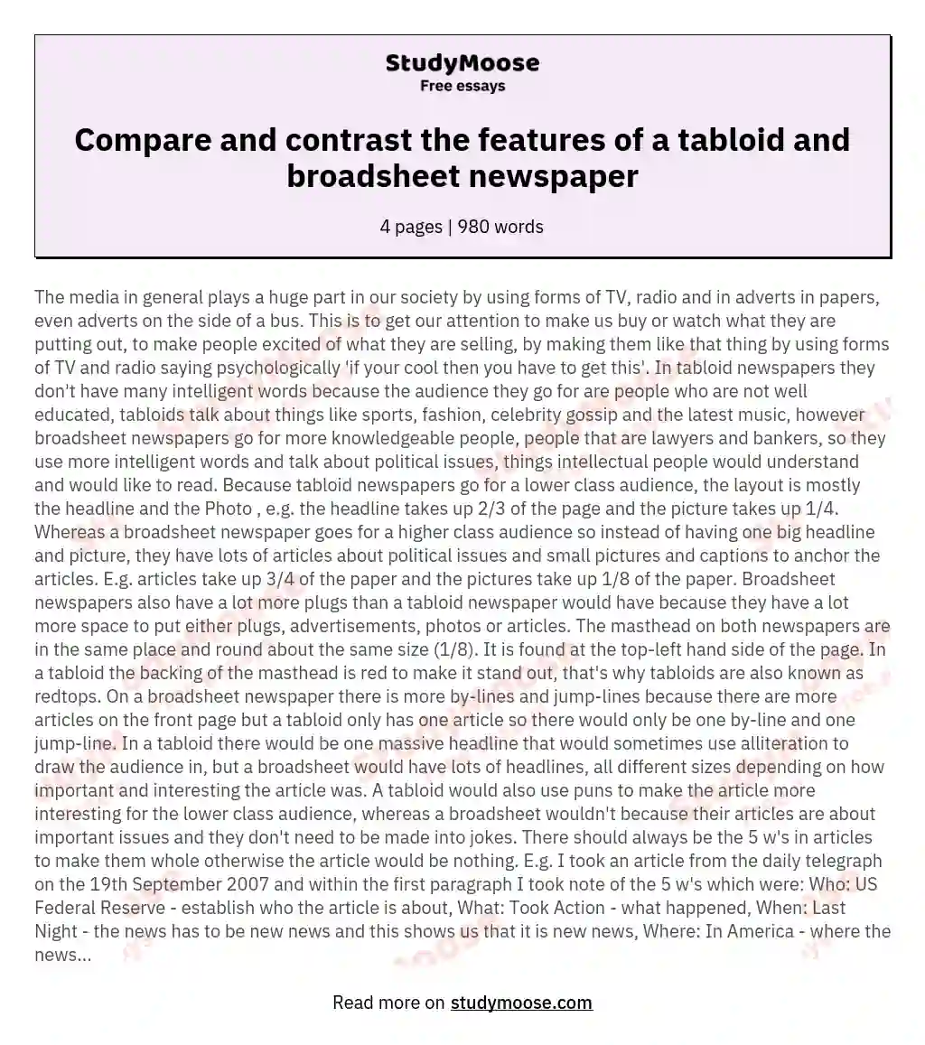 Compare and contrast the features of a tabloid and broadsheet newspaper essay