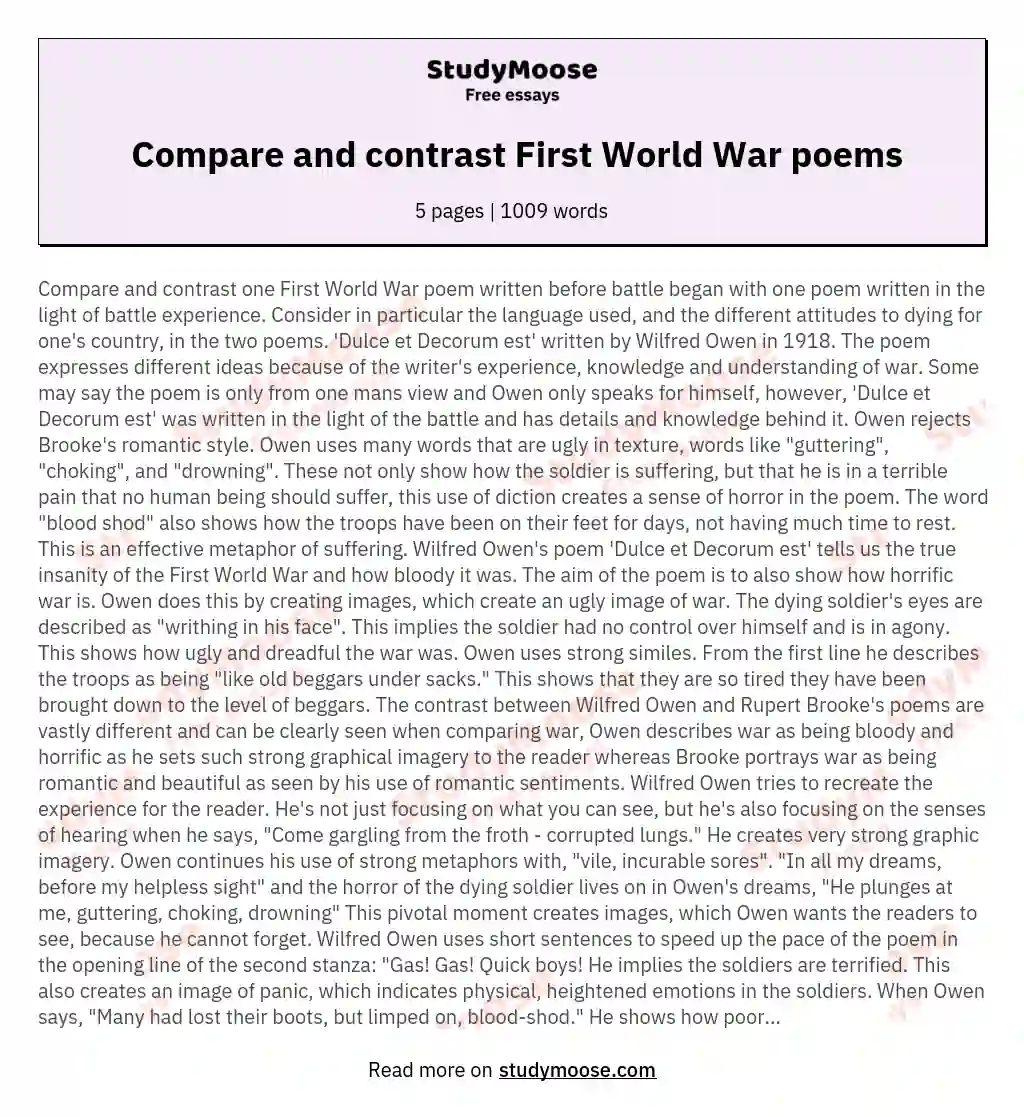  Compare and contrast First World War poems essay