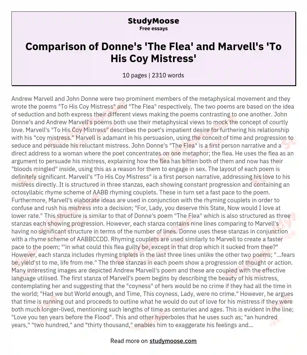 Compare and contrast John Donne's 'The Flea' and Andrew Marvell's 'To His Coy Mistress'; Deciding which you feel is the most seductive