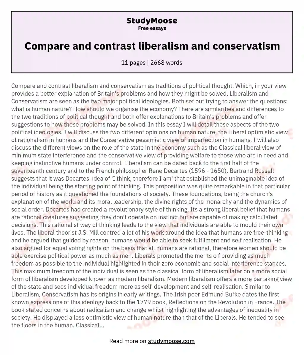 Compare and contrast liberalism and conservatism essay