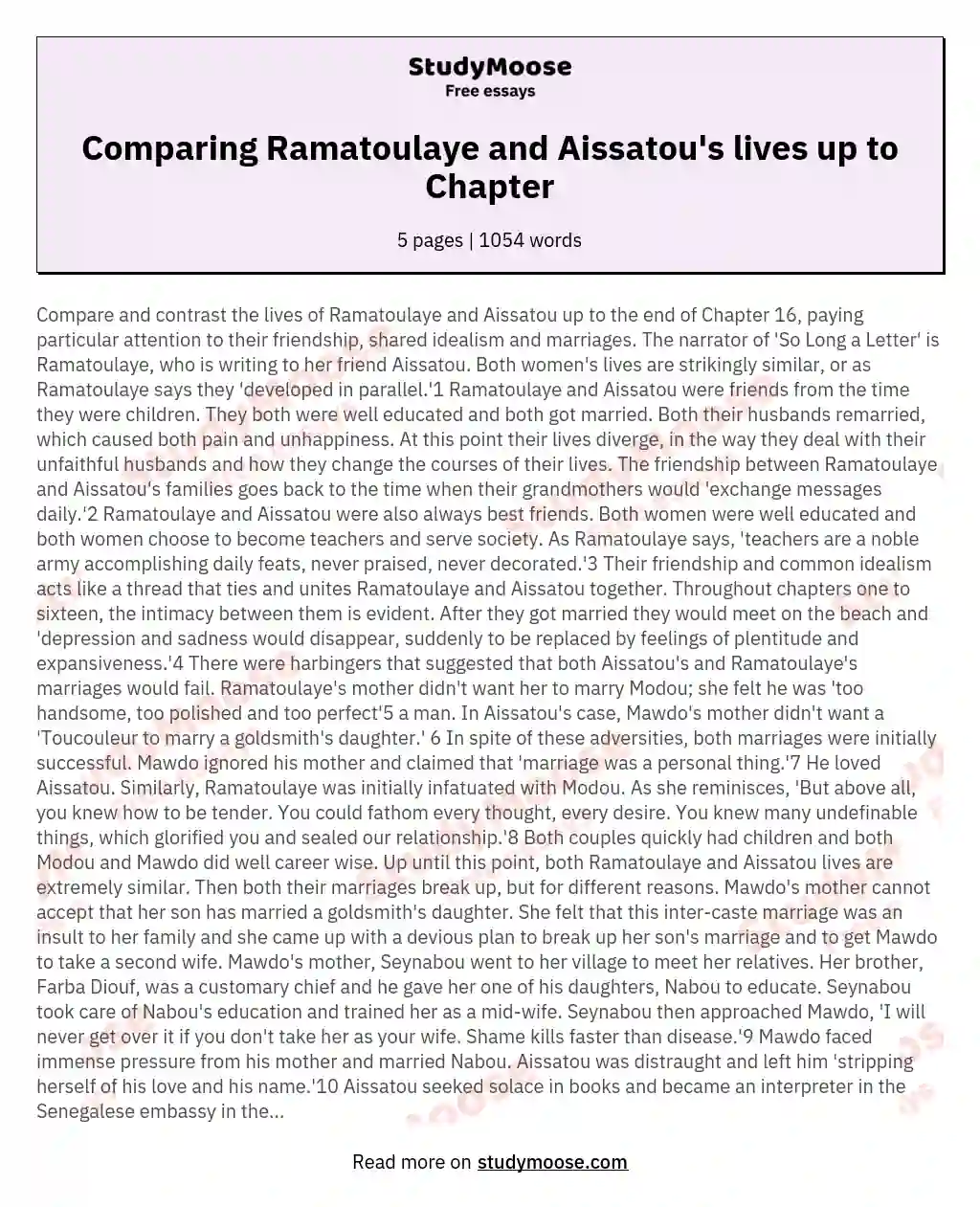 Compare and contrast the lives of Ramatoulaye and Aissatou up to the end of Chapter 16
