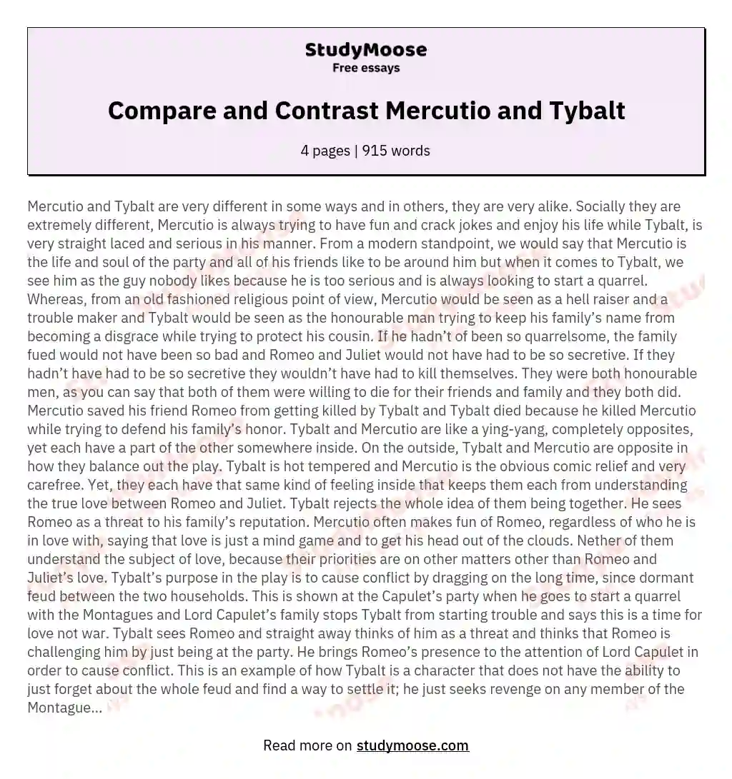 Mercutio and Tybalt: Deep Foils of Honor and Conflict essay