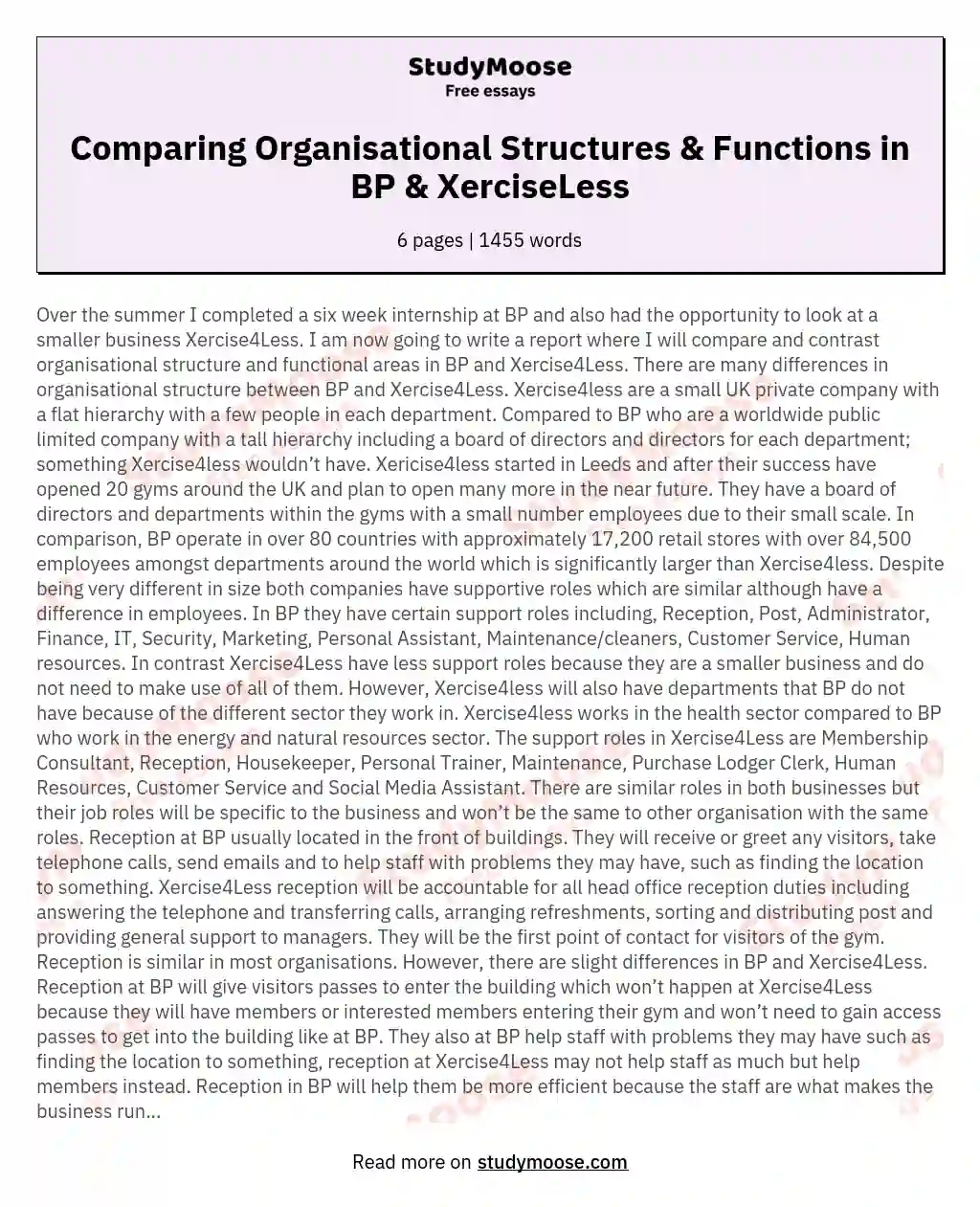 Comparing Organisational Structures & Functions in BP & XerciseLess essay