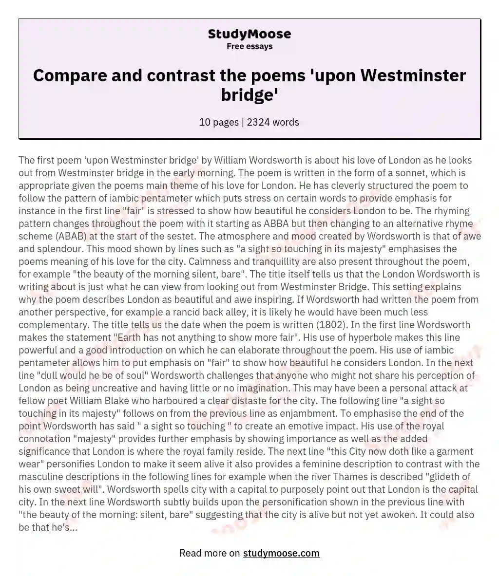 Compare and contrast the poems 'upon Westminster bridge' essay