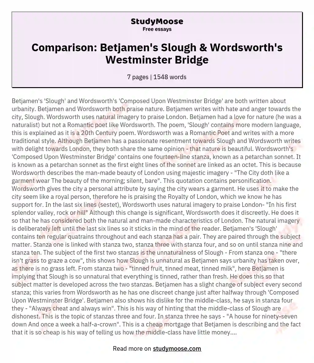 Comparison: Betjamen's Slough & Wordsworth's Westminster Bridge essay