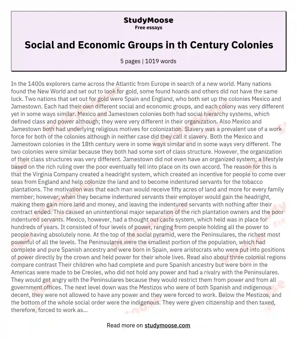 Compare and Contrast the Social and Economic Groupings of One Latin American and One North American Colony in the 18th Century