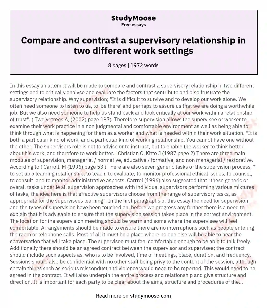 Compare and contrast a supervisory relationship in two different work settings essay