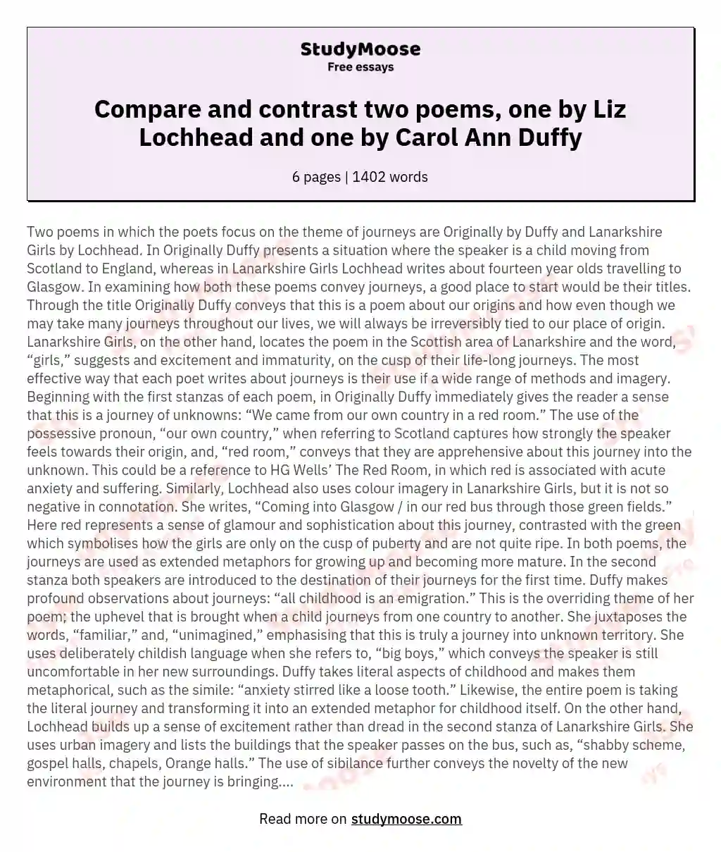 Compare and contrast two poems, one by Liz Lochhead and one by Carol Ann Duffy
