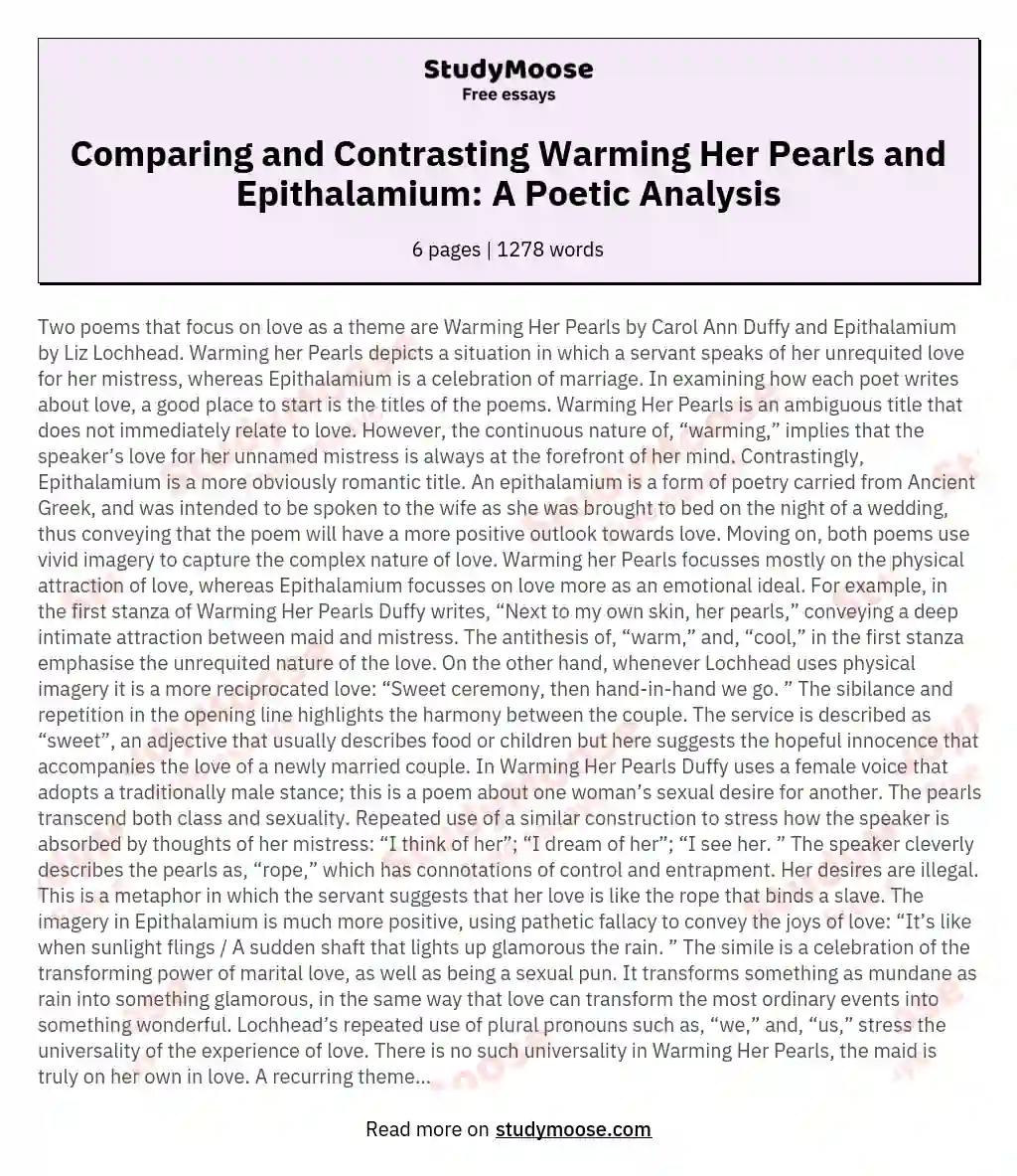 Compare and contrast two poems, Warming Her Pearls by Carol Ann Duffy and Epithalamium by Liz Lochhea