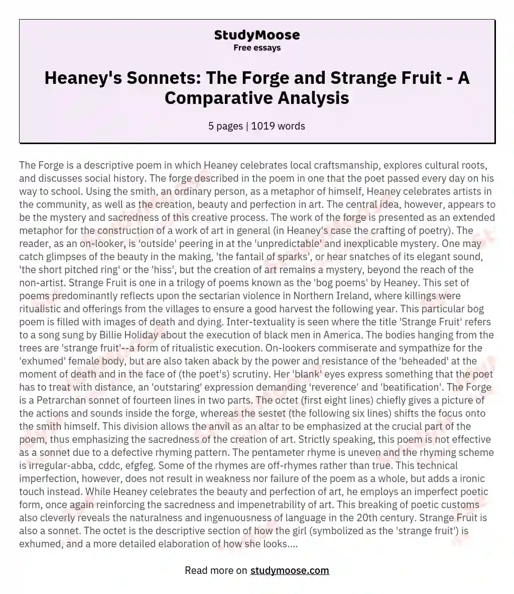 Compare and contrast two of Seamus Heaney's sonnets, 'The Forge' and 'Strange Fruit'
