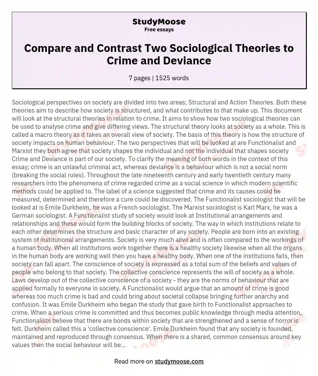 Compare and Contrast Two Sociological Theories to Crime and Deviance