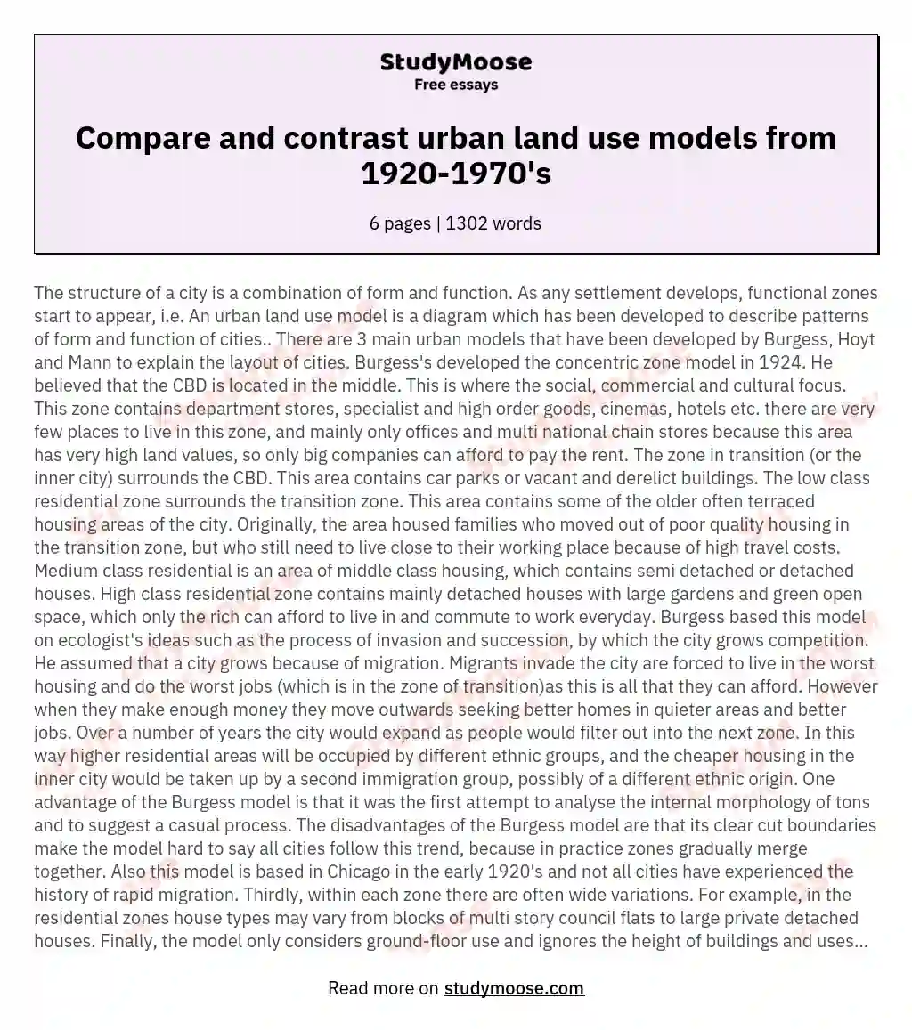 Compare and contrast urban land use models from 1920-1970's