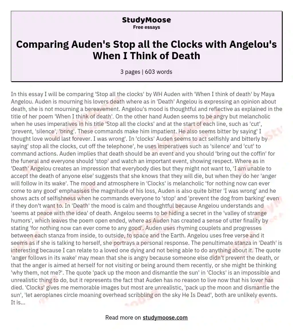Comparing Auden's Stop all the Clocks with Angelou's When I Think of Death essay