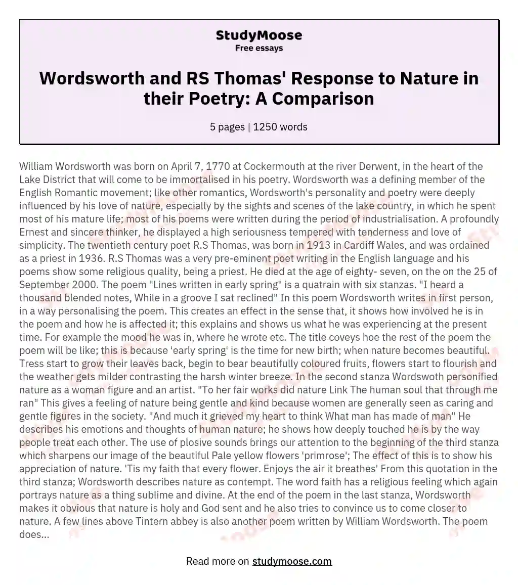 Wordsworth and RS Thomas' Response to Nature in their Poetry: A Comparison essay