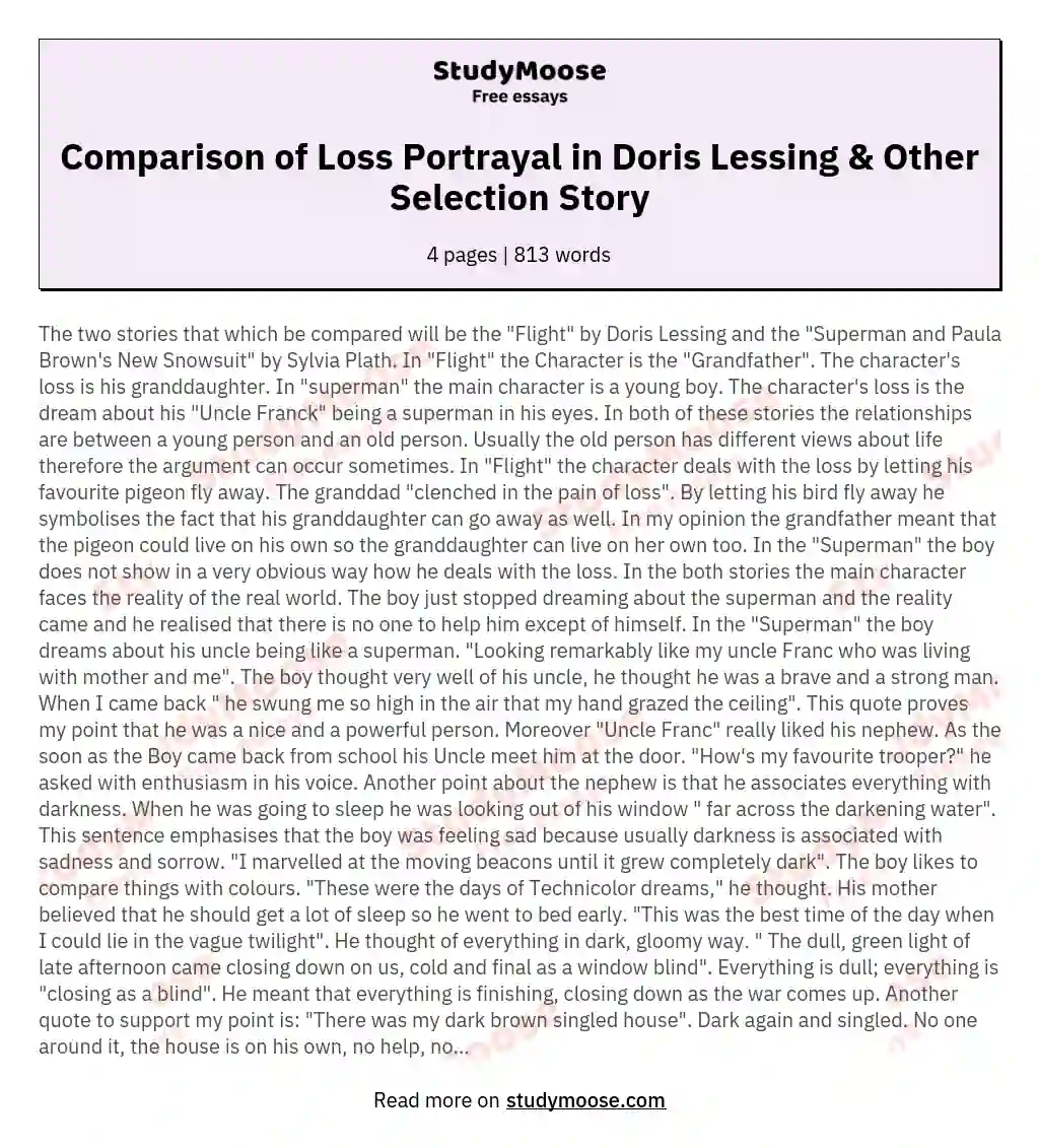 Comparison of Loss Portrayal in Doris Lessing & Other Selection Story
