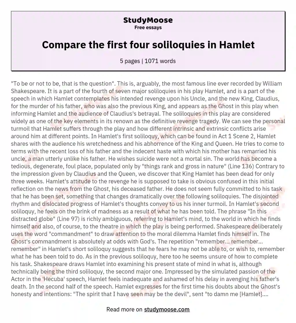 Compare the first four soliloquies in Hamlet