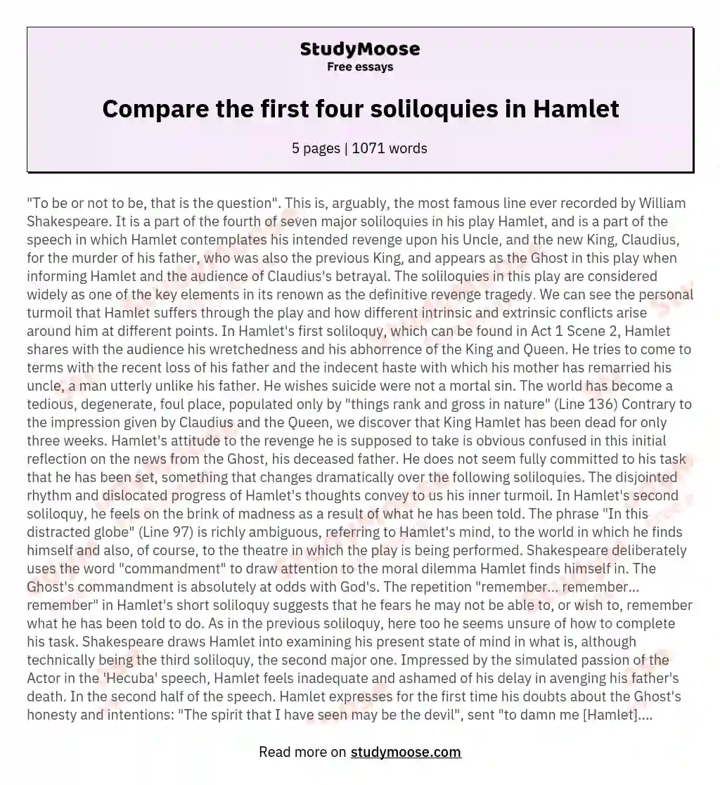 Compare the first four soliloquies in Hamlet essay