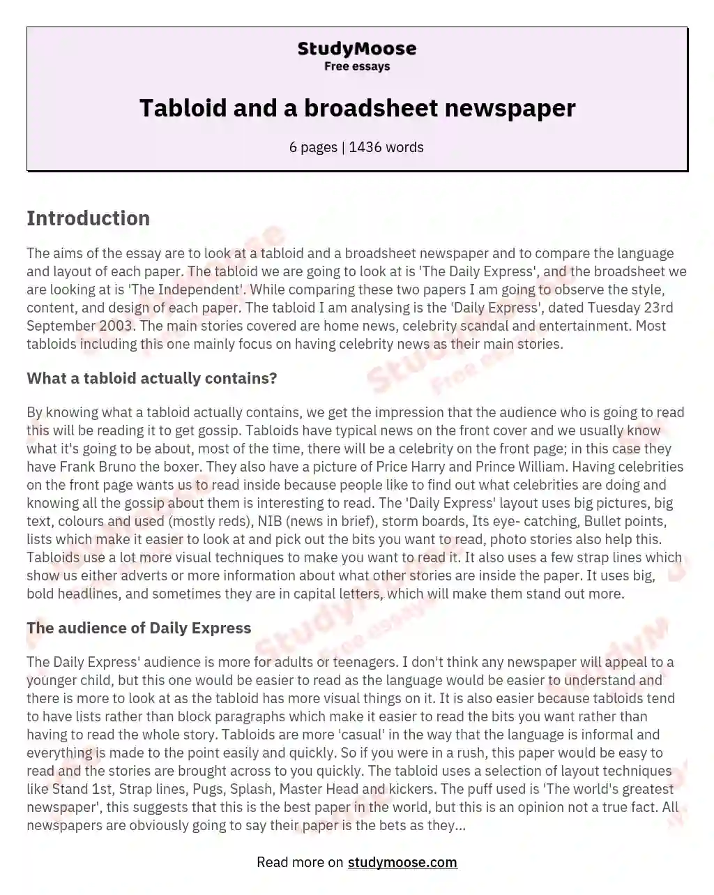 Tabloid and a broadsheet newspaper essay