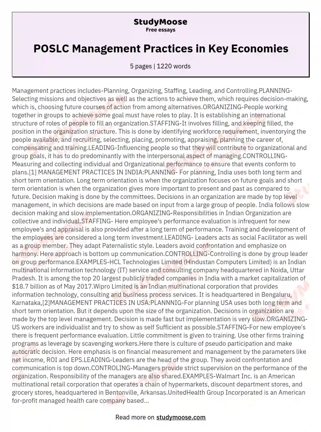 POSLC Management Practices in Key Economies essay