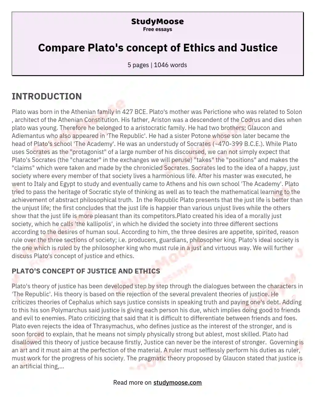 Compare Plato's concept of Ethics and Justice