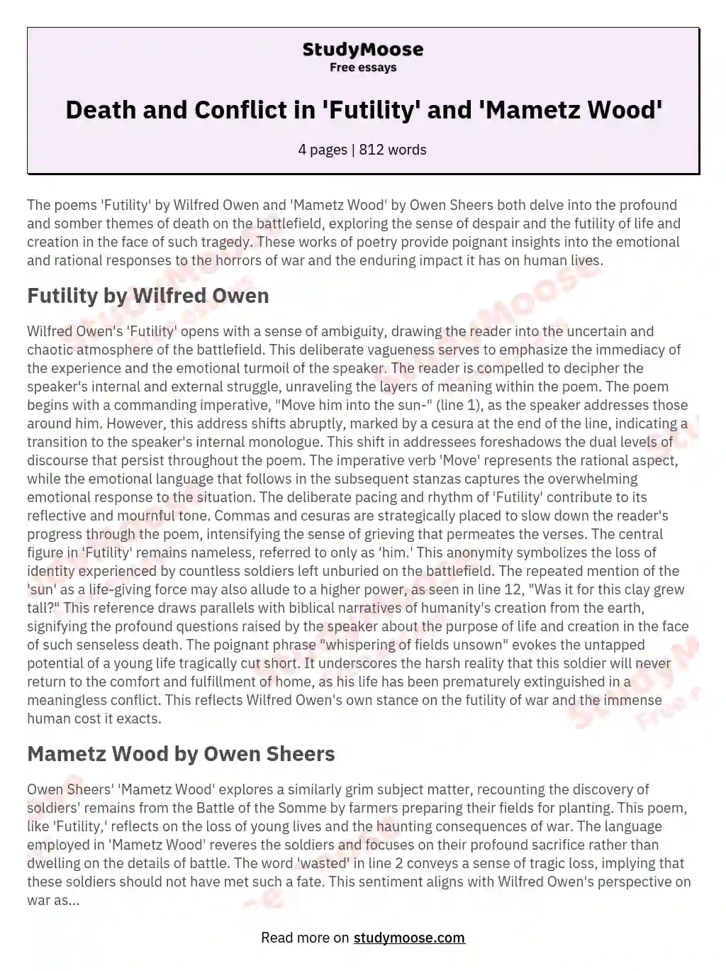 Death and Conflict in 'Futility' and 'Mametz Wood' essay