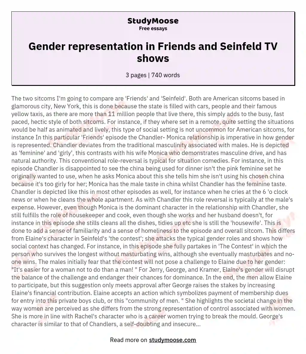 Gender representation in Friends and Seinfeld TV shows essay