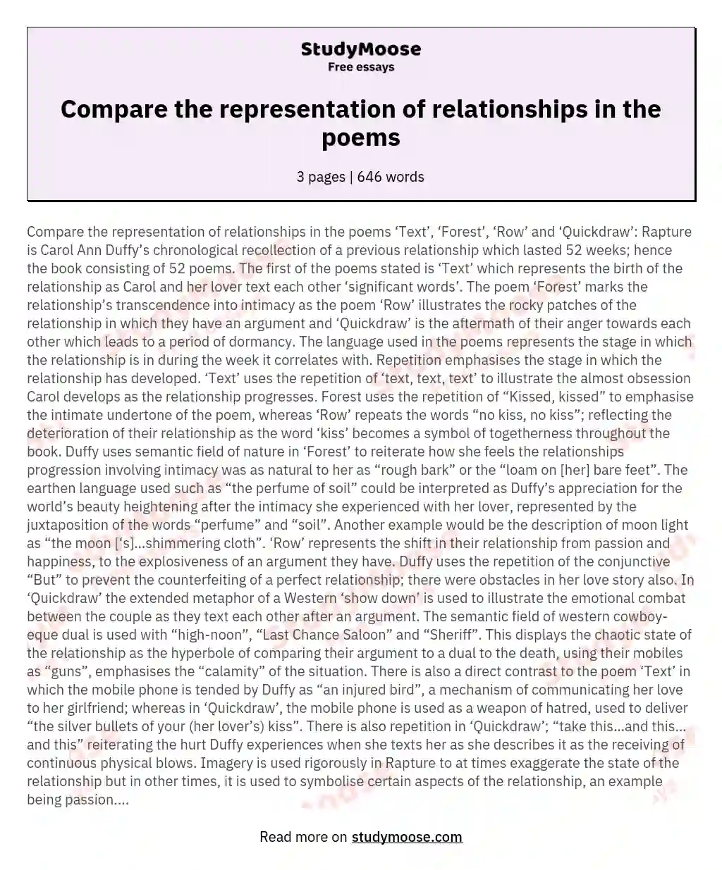 Compare the representation of relationships in the poems essay