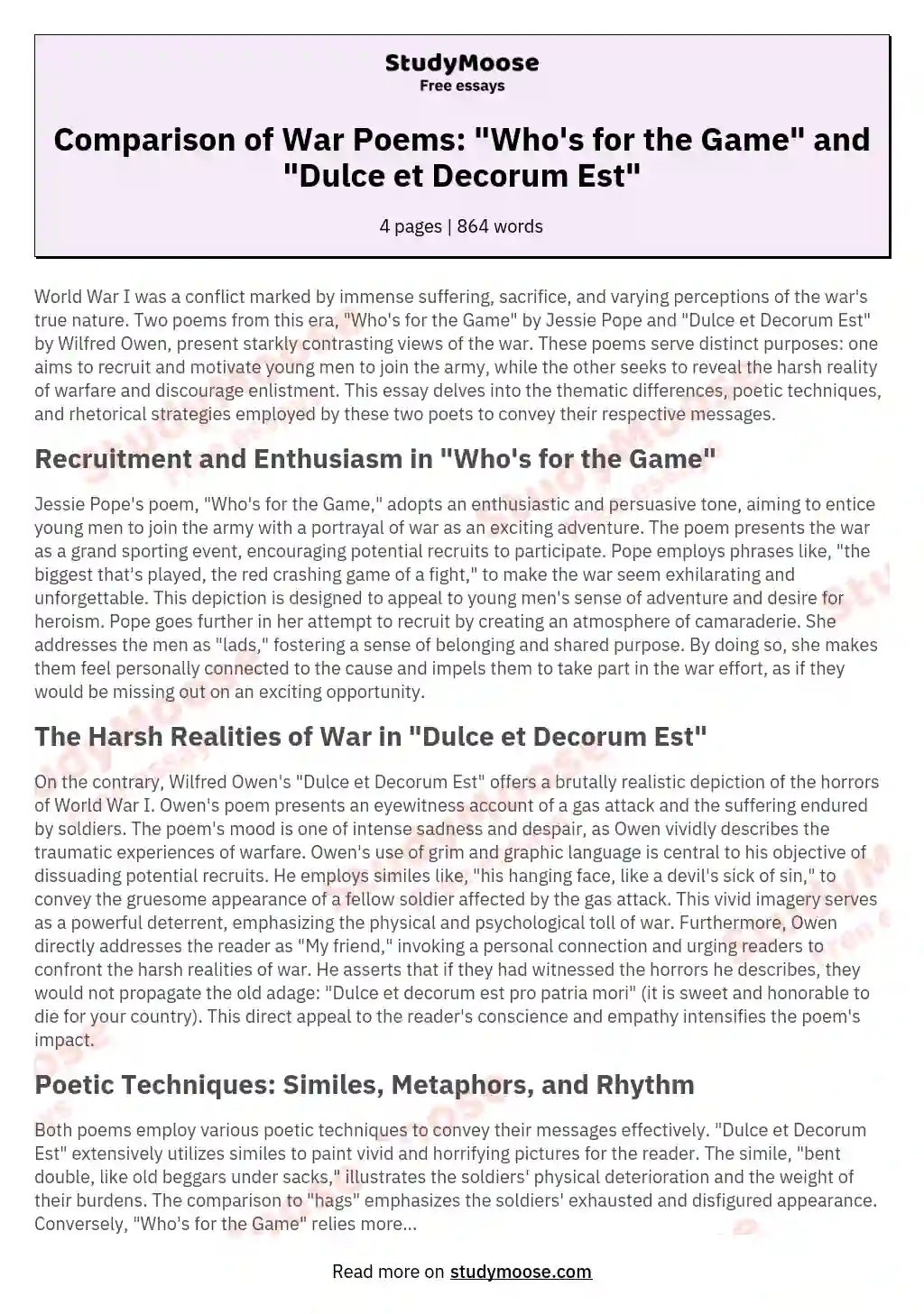 Comparison of War Poems: "Who's for the Game" and "Dulce et Decorum Est" essay