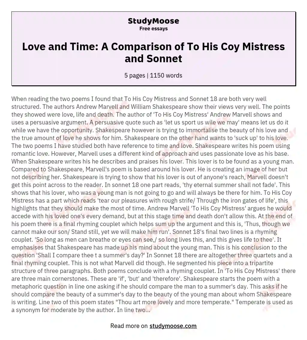 Love and Time: A Comparison of To His Coy Mistress and Sonnet essay