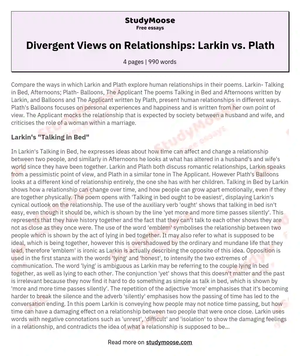 Divergent Views on Relationships: Larkin vs. Plath essay