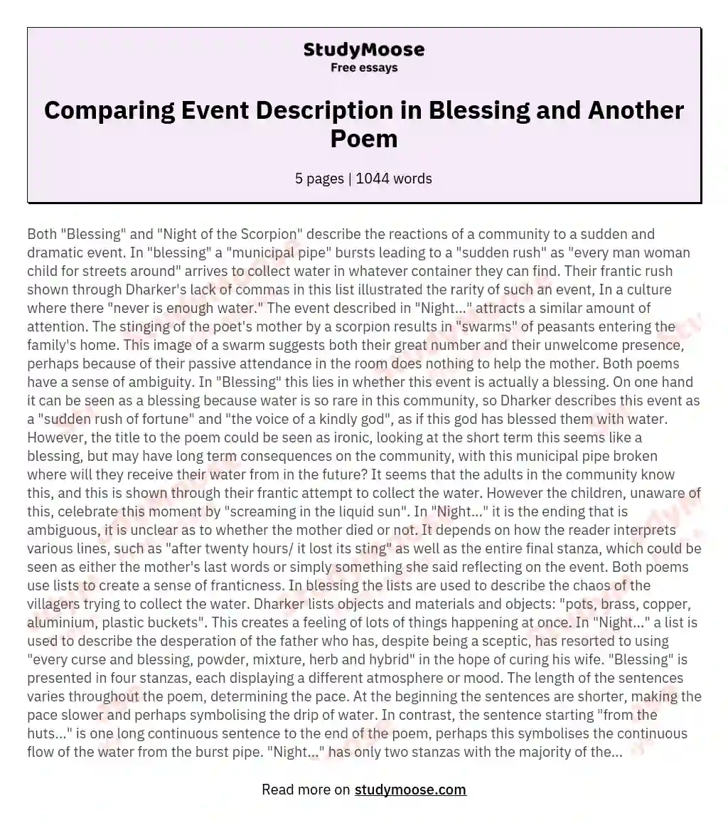 Compare the ways an event is described in Blessing with the ways an event is described in one other poem