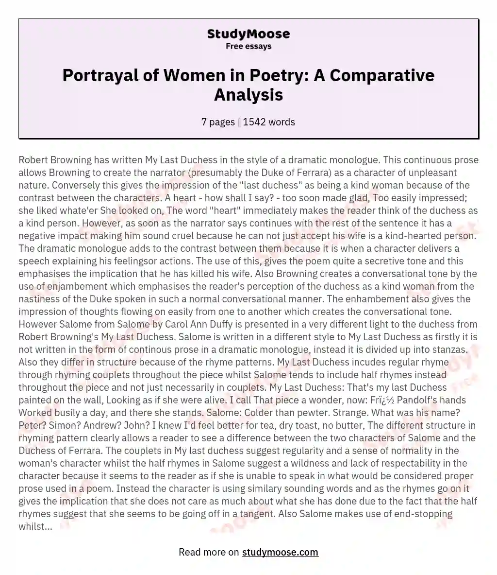 Portrayal of Women in Poetry: A Comparative Analysis essay