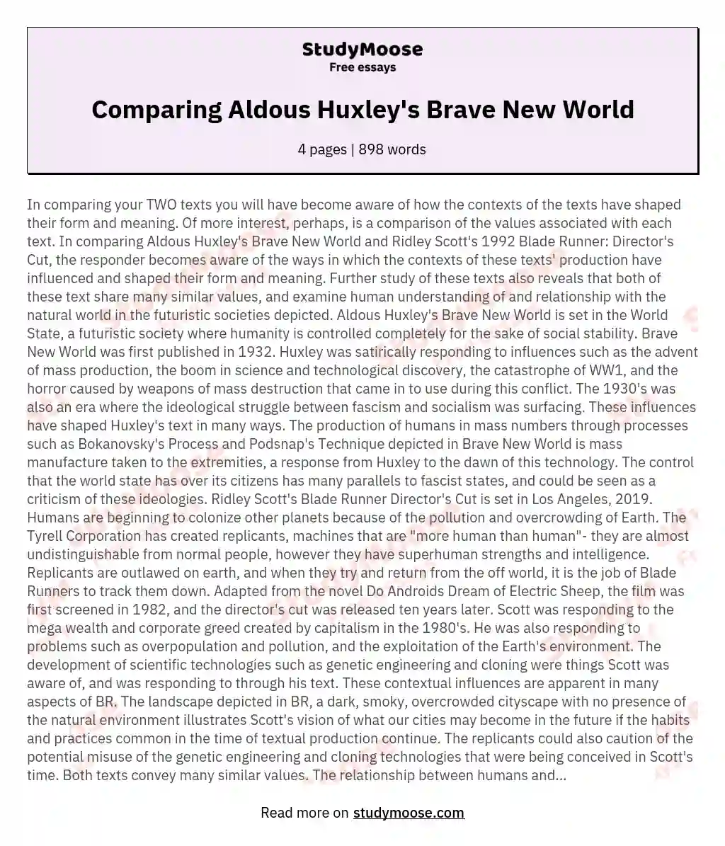 Comparing Aldous Huxley's Brave New World
