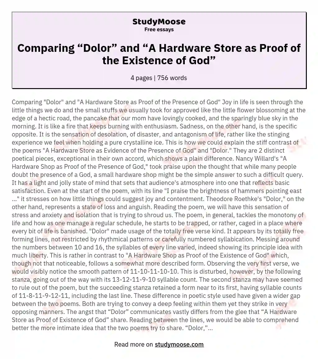 Comparing “Dolor” and “A Hardware Store as Proof of the Existence of God” essay